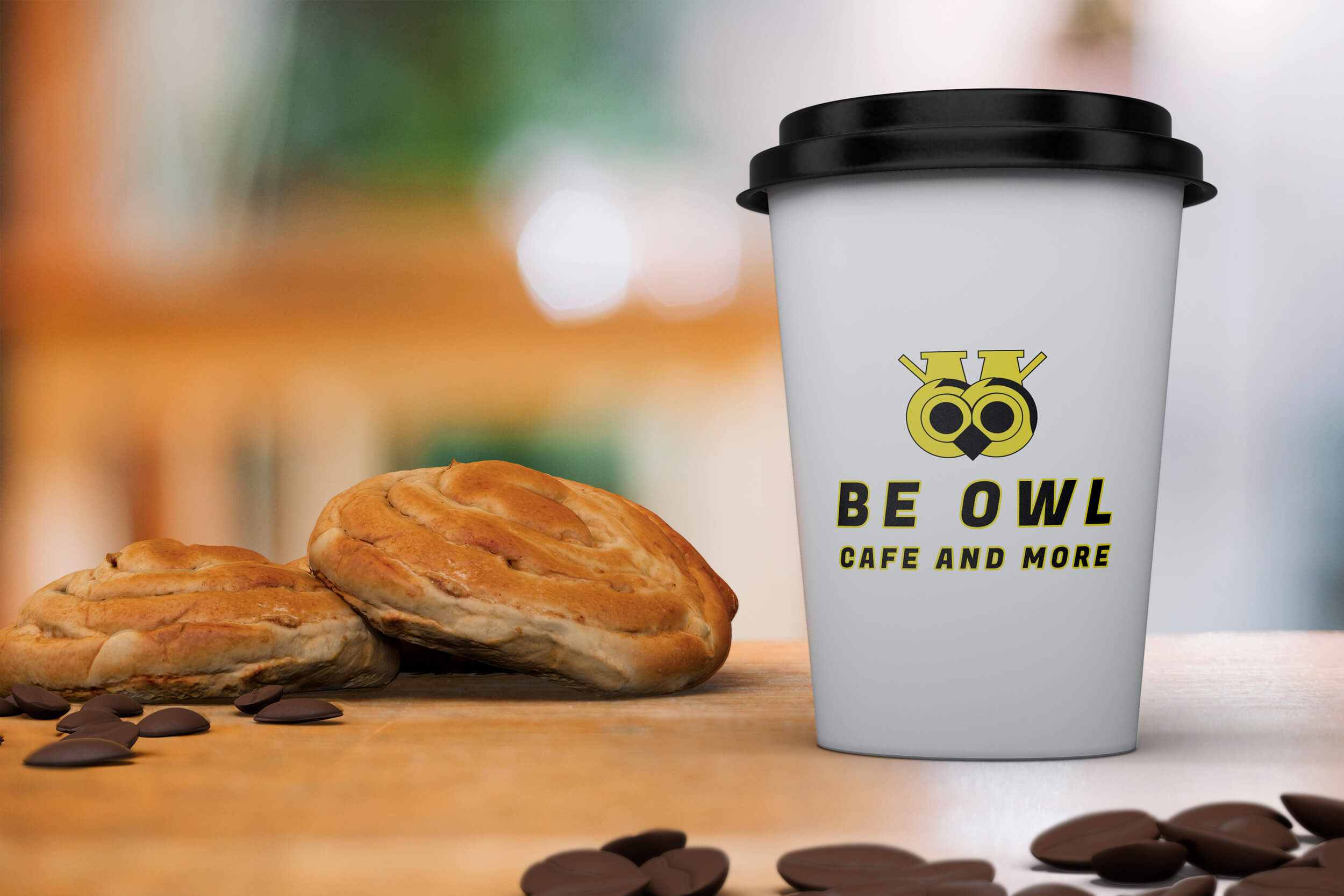 owl cafe coffee cup with breakfast